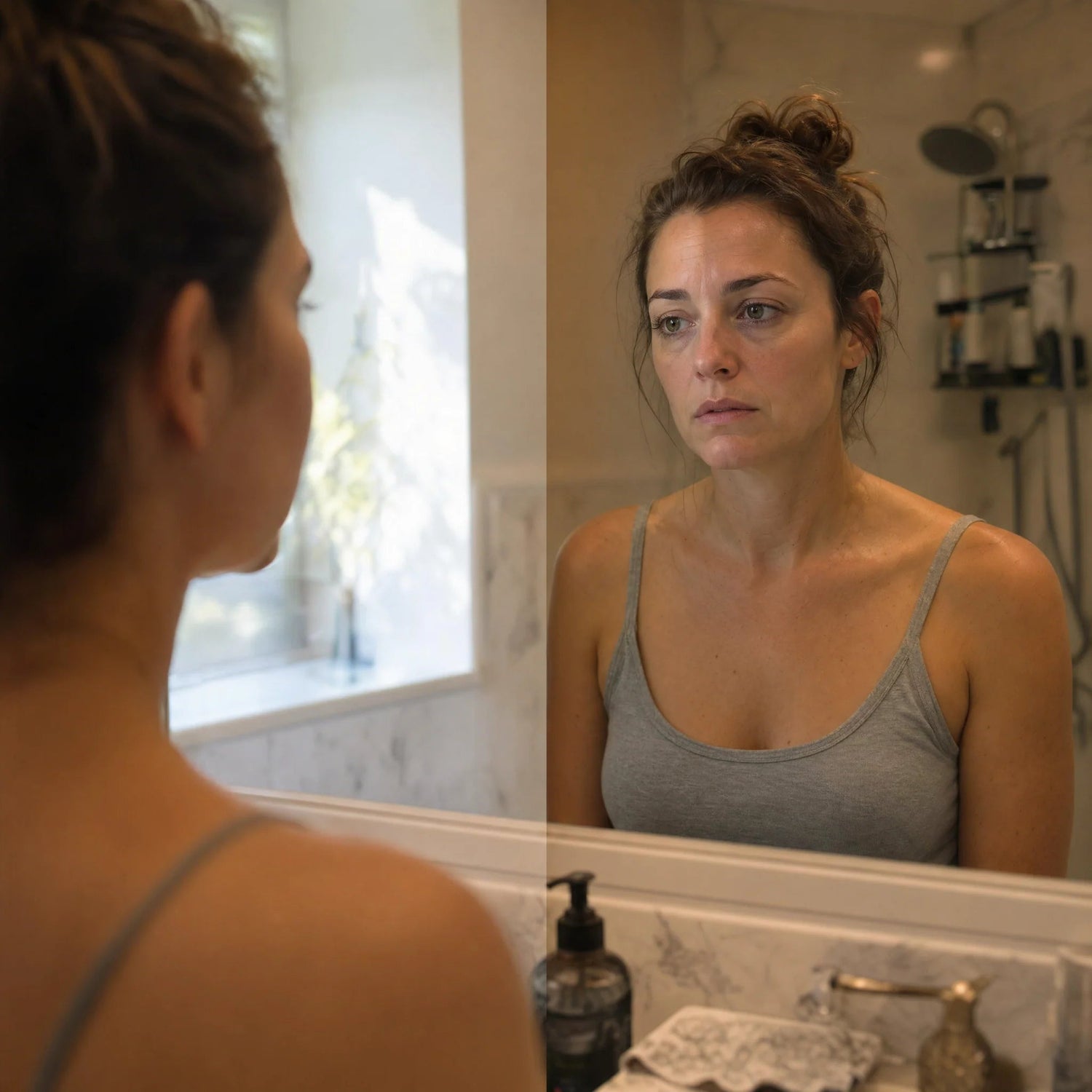 Woman looking at mirror skincare concern