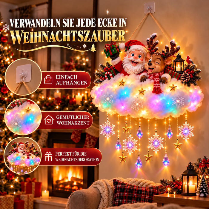 🎄 Leuchtende Weihnachts-Wolken-Hängedekoration – Weihnachtsmann & Winterdorf