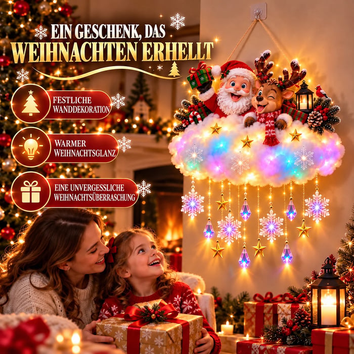 🎄 Leuchtende Weihnachts-Wolken-Hängedekoration – Weihnachtsmann & Winterdorf
