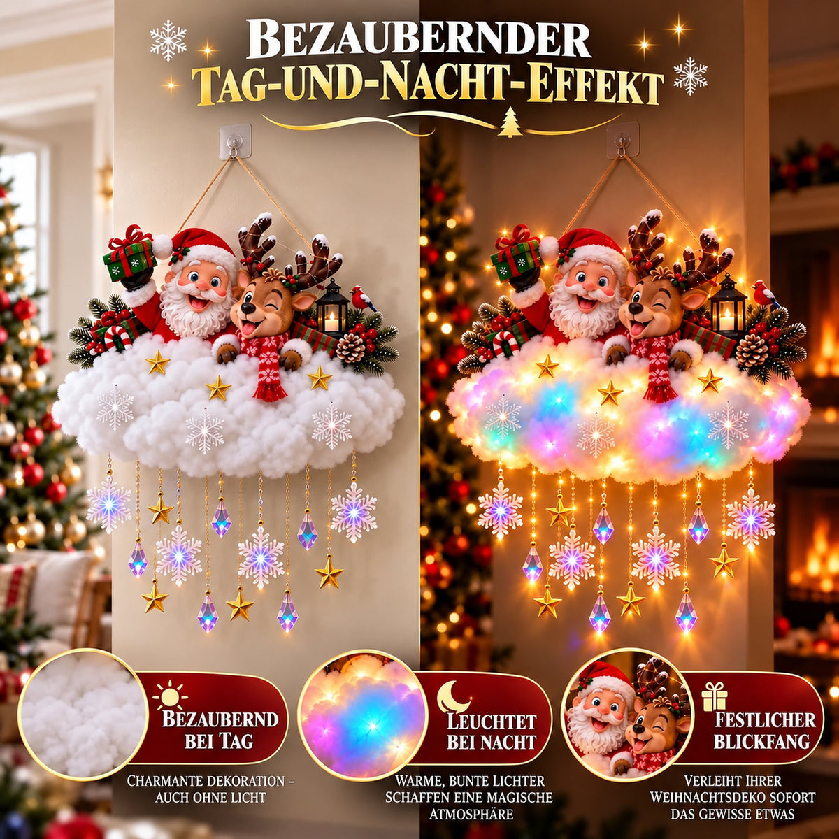 🎄 Leuchtende Weihnachts-Wolken-Hängedekoration – Weihnachtsmann & Winterdorf